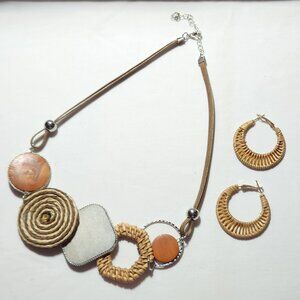 Cute rattan style necklace & earrings set beige orange brown NWOT